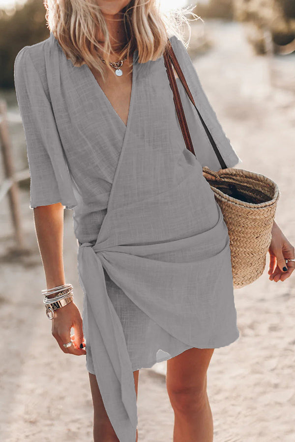 Helenna - Easy breezy cotton linen blend knotted wrap mini dress