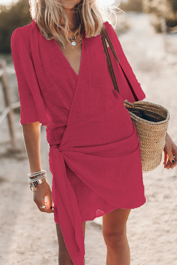 Helenna - Easy breezy cotton linen blend knotted wrap mini dress