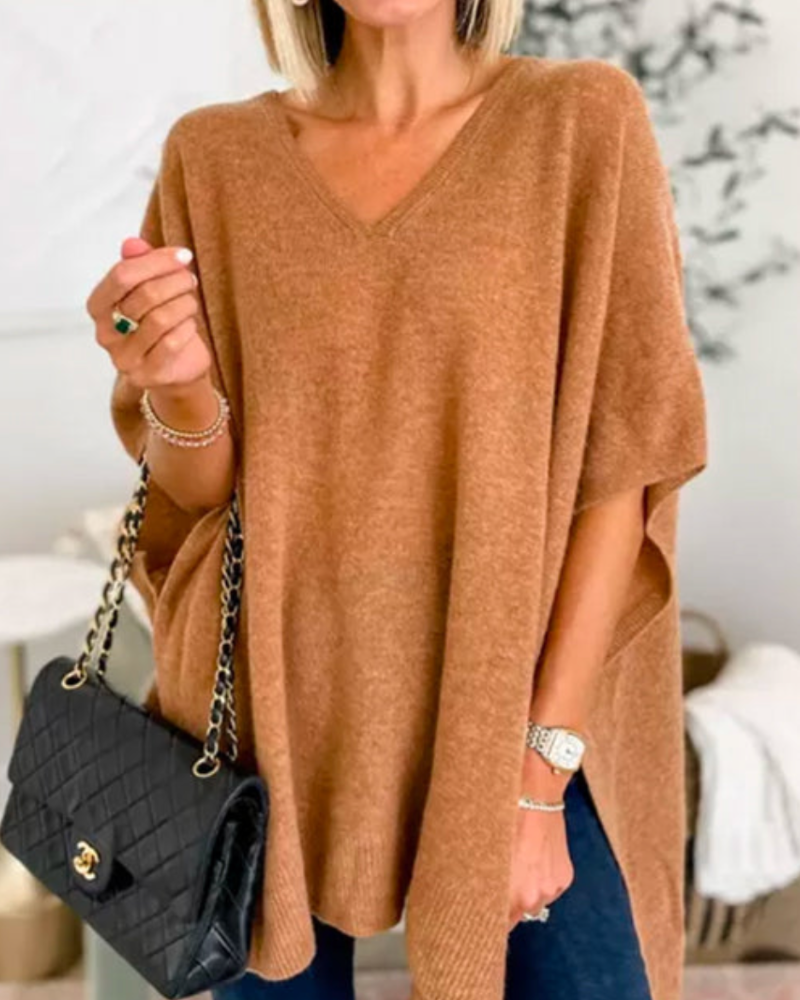 Christinne - V neck loose fit solid poncho sweater