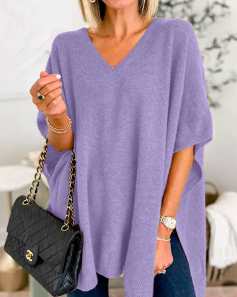 Christinne - V neck loose fit solid poncho sweater