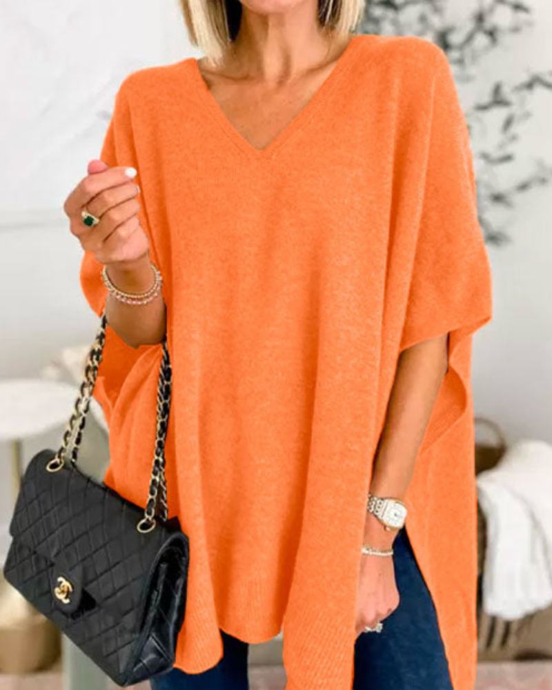Christinne - V neck loose fit solid poncho sweater