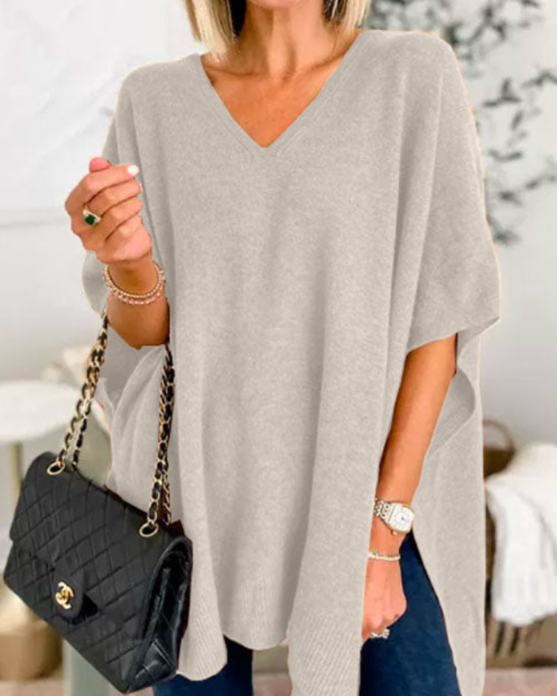 Christinne - V neck loose fit solid poncho sweater