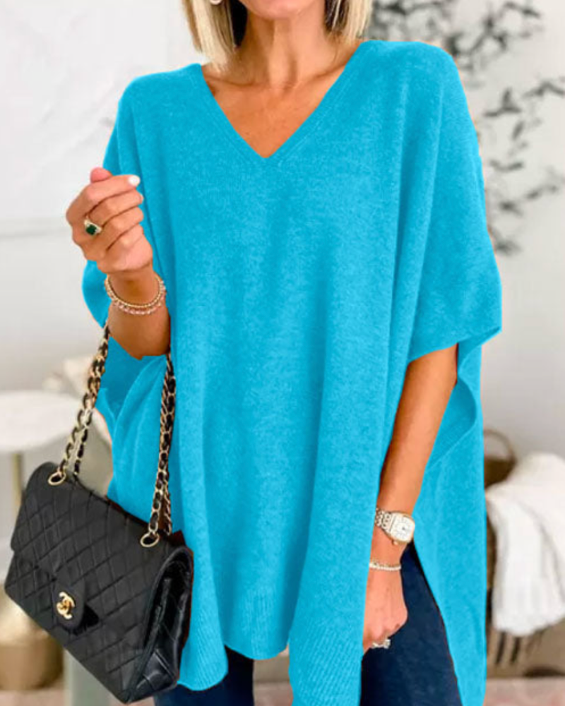 Christinne - V neck loose fit solid poncho sweater