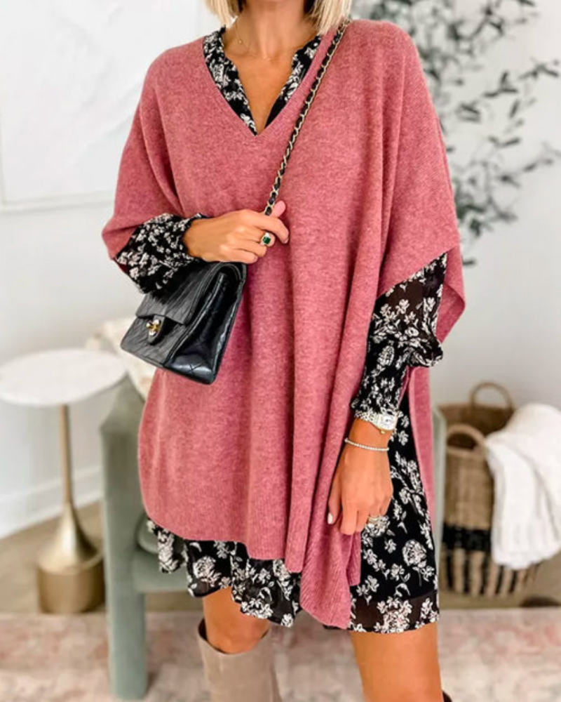 Christinne - V neck loose fit solid poncho sweater