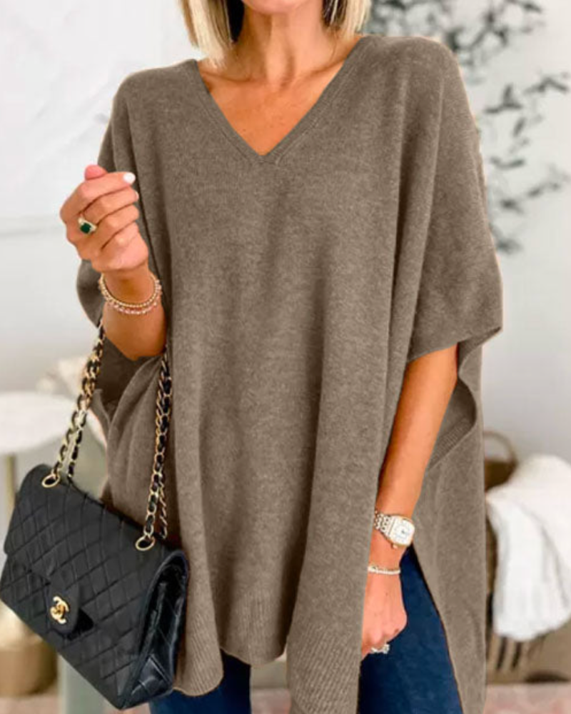 Christinne - V neck loose fit solid poncho sweater
