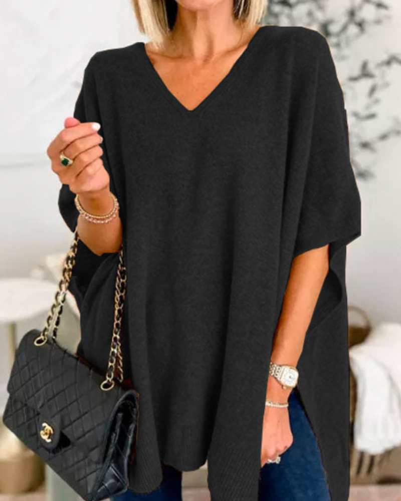 Christinne - V neck loose fit solid poncho sweater