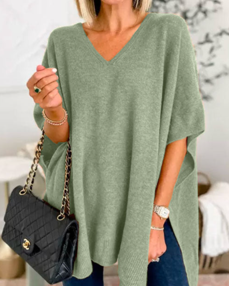 Christinne - V neck loose fit solid poncho sweater