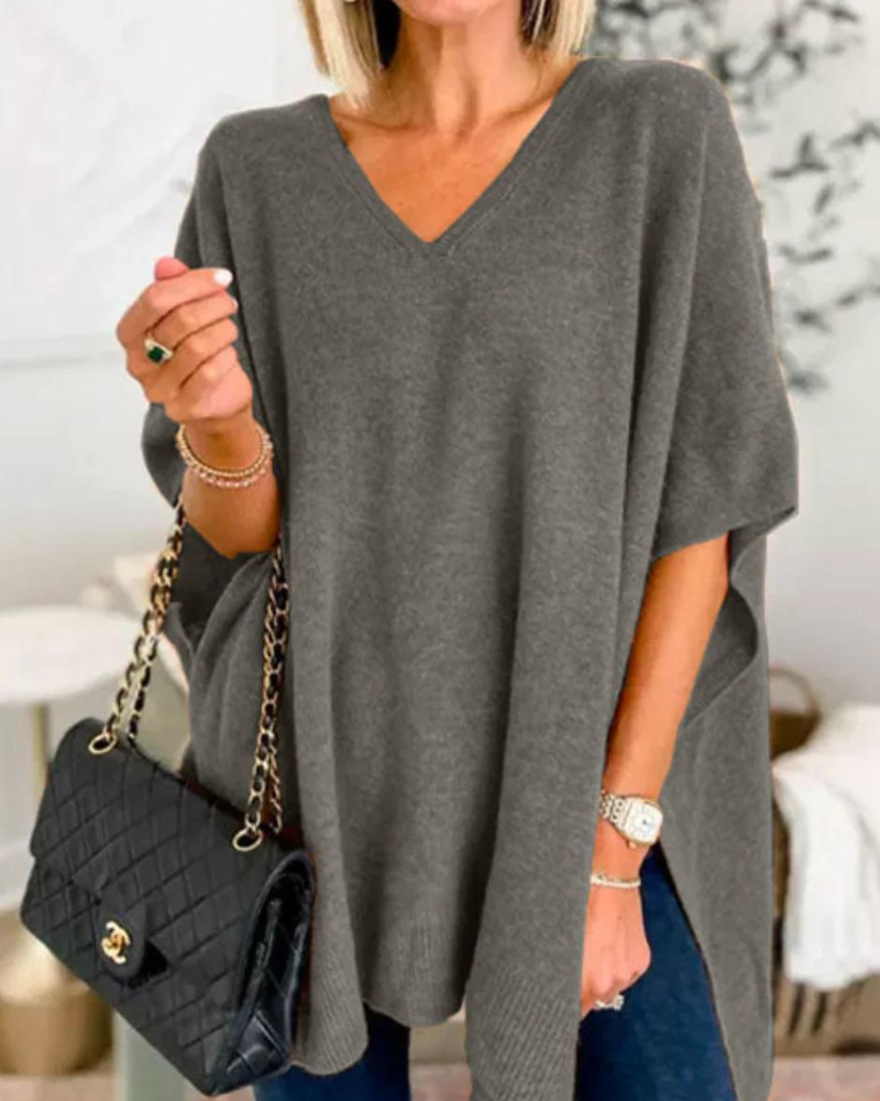 Christinne - V neck loose fit solid poncho sweater