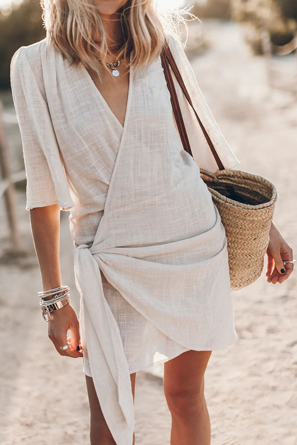 Helenna - Easy breezy cotton linen blend knotted wrap mini dress