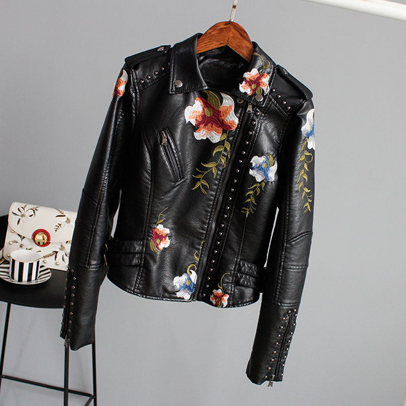Vera - Floral leather jacket with handmade details
