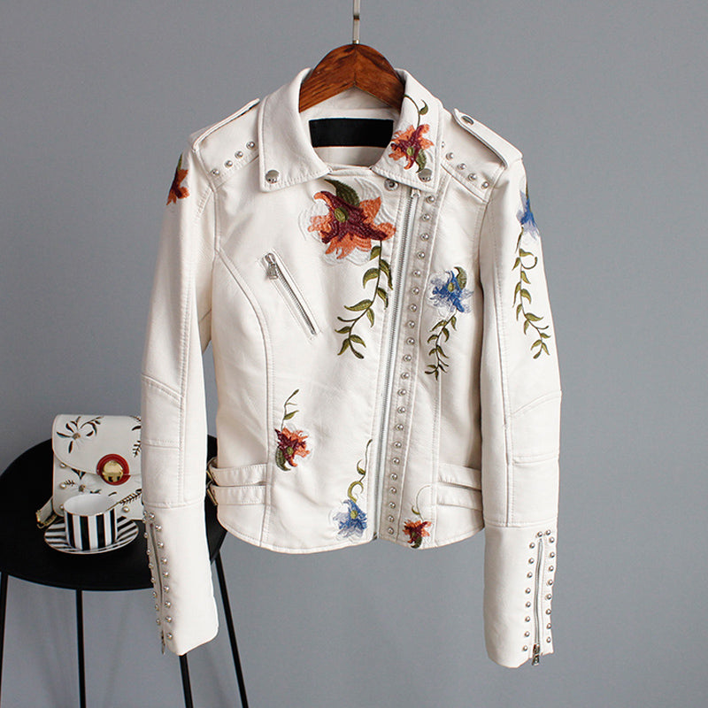 Vera - Floral leather jacket with handmade details