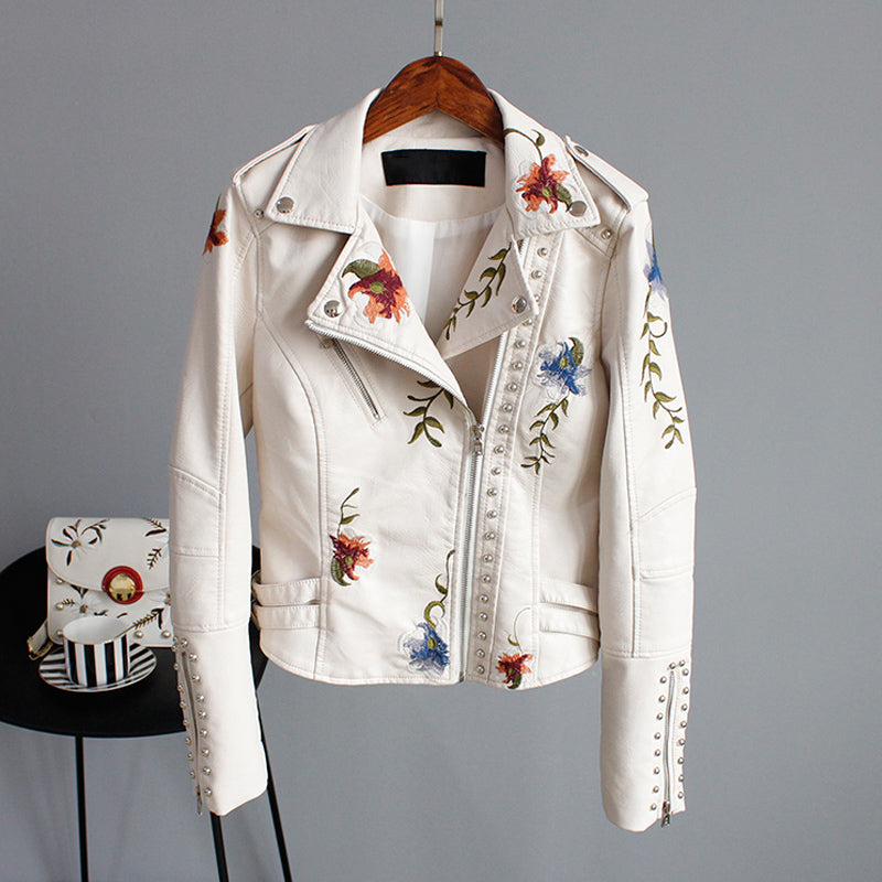 Vera - Floral leather jacket with handmade details
