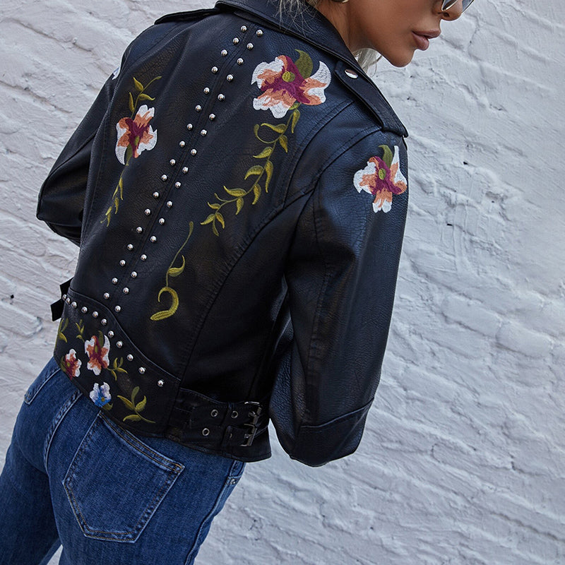Vera - Floral leather jacket with handmade details