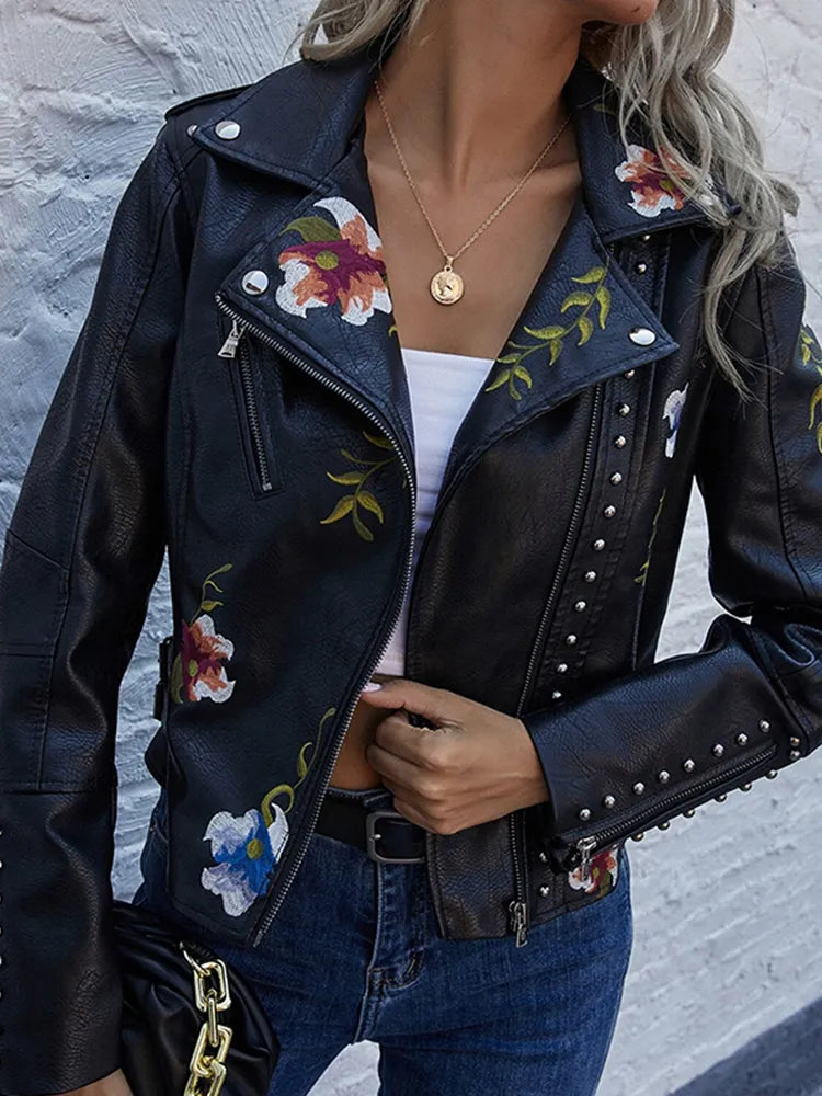 Vera - Floral leather jacket with handmade details
