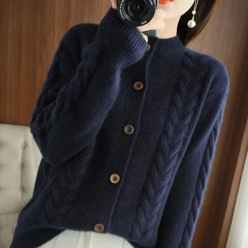 Hannah Half High Collar Twists Knitted Cardigan