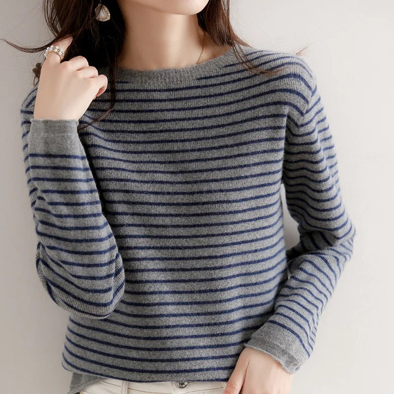 Stella O-Neck Striped Sweater - Retro Elegance