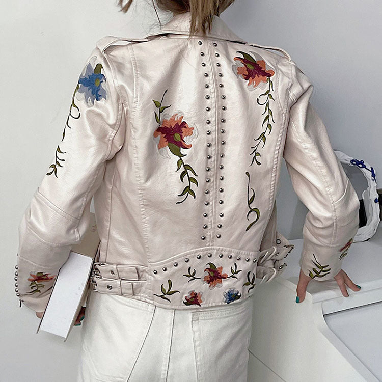 Vera - Floral leather jacket with handmade details